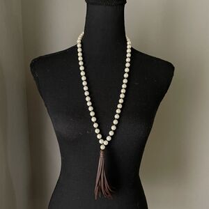 Faux Pearls with Leather Tassel Long Necklace